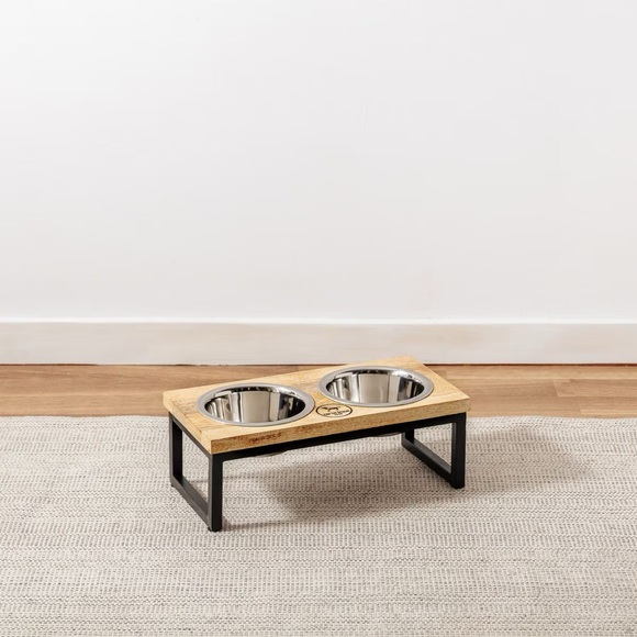 Park Life Hearth & Haven Mango Wood & Stainless Steel Elevated Small Dog Bowl - Picture 2 of 9